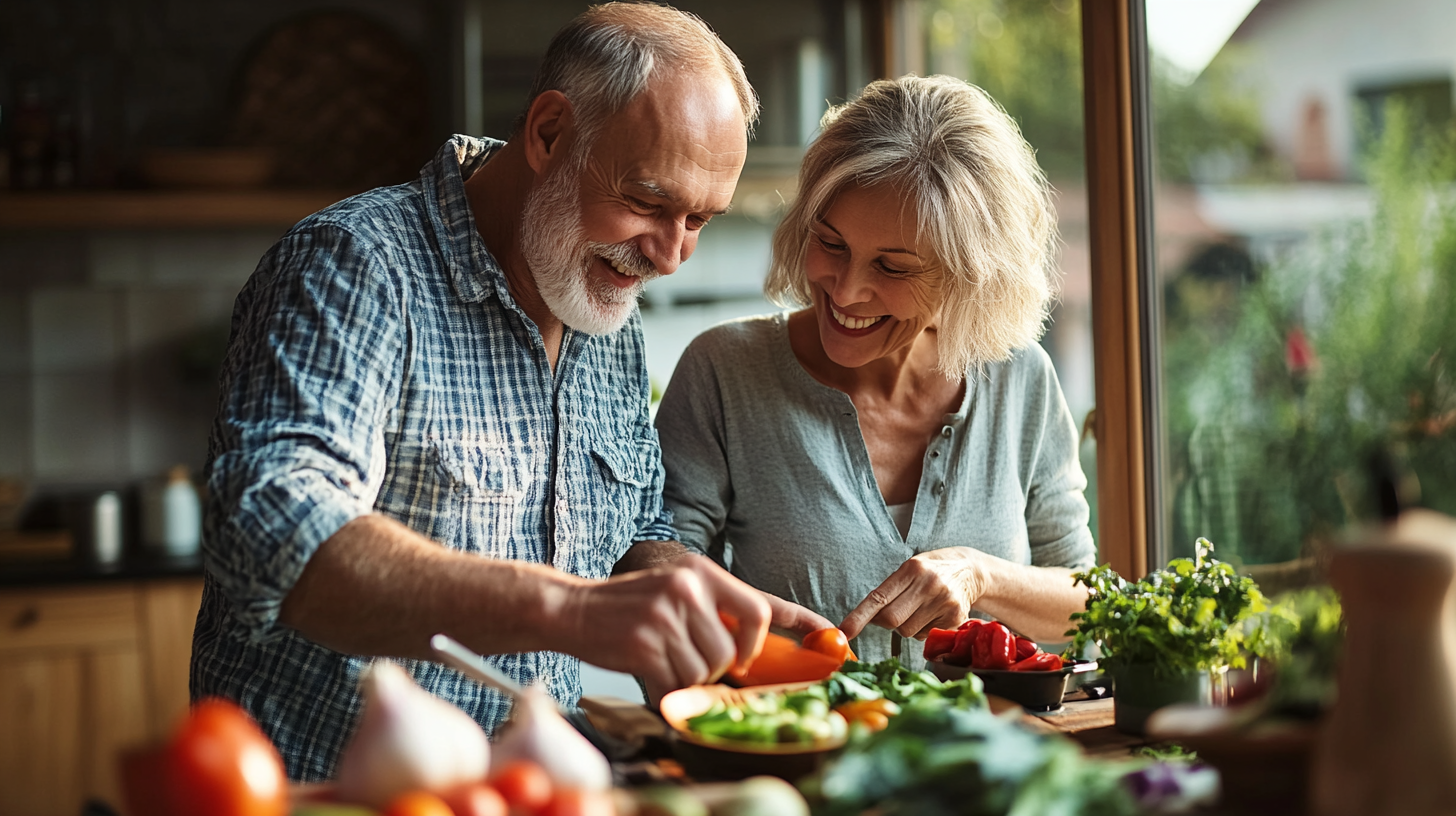 Щаслива пара старшого віку готує здорову їжу разом на кухні